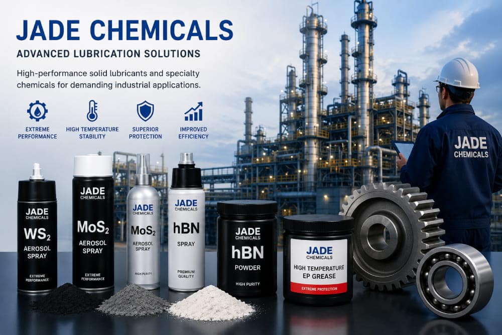 Jade Chemicals industrial lubrication solutions featuring WS2, MoS2, hBN powders, aerosol sprays, and high-temperature grease for heavy industrial applications