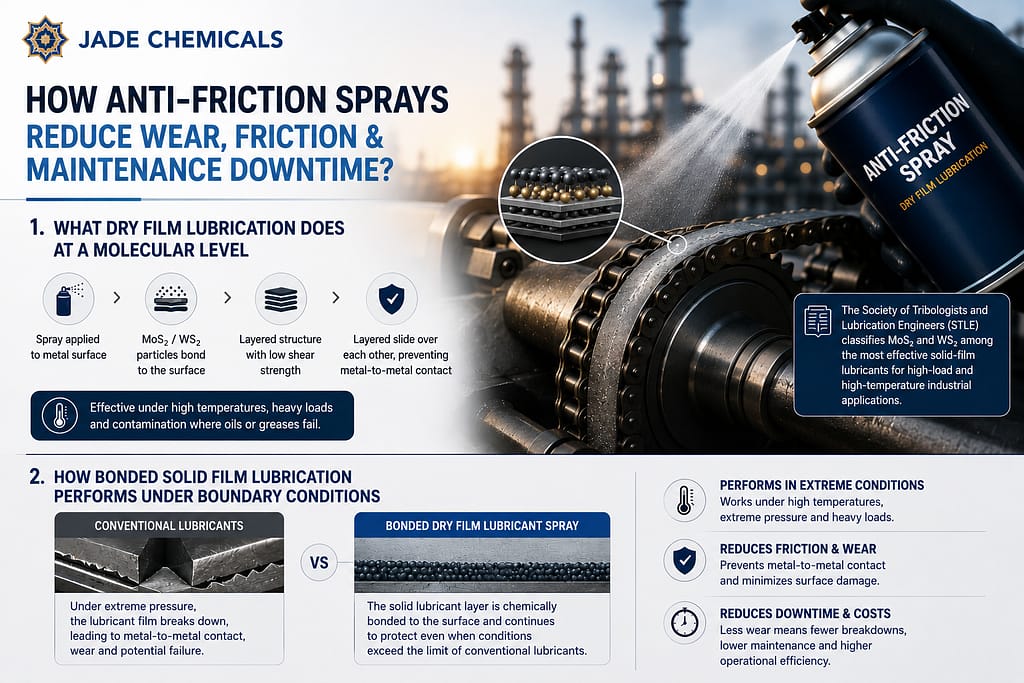 Industrial anti-friction spray infographic showing dry film lubrication, MoS2 and WS2 solid lubricant particles, and reduced wear and maintenance downtime under extreme operating conditions